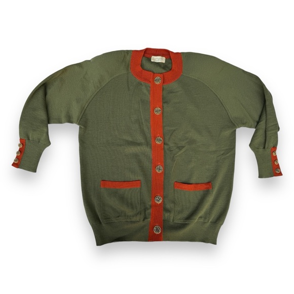 Olive Green Wool Knit Cardigan Contrast Hem Gold Buttons - Picture 11 of 11